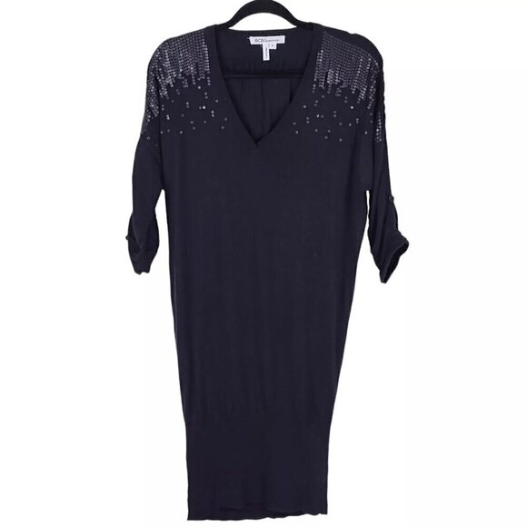 BCBGeneration Dress Size M Sequins Roll Tab Dolman Ruched Sleeve Wide Ribbed Hem - Picture 1 of 14